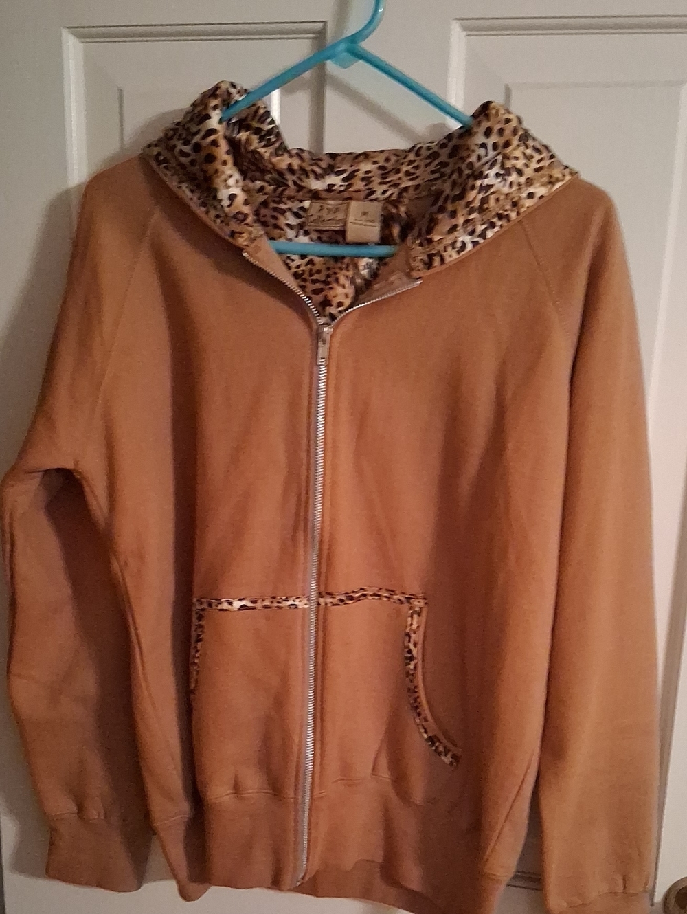 Women's Tan Zip-Up Utility Jacket with Leopard Trim